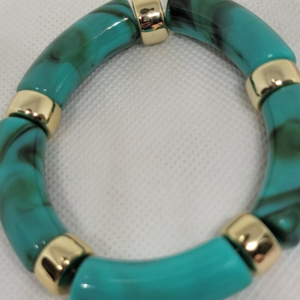Gold Tone Turquoise Acrylic Stretch Bangle - 7" Stackable New - Picture 5 of 8